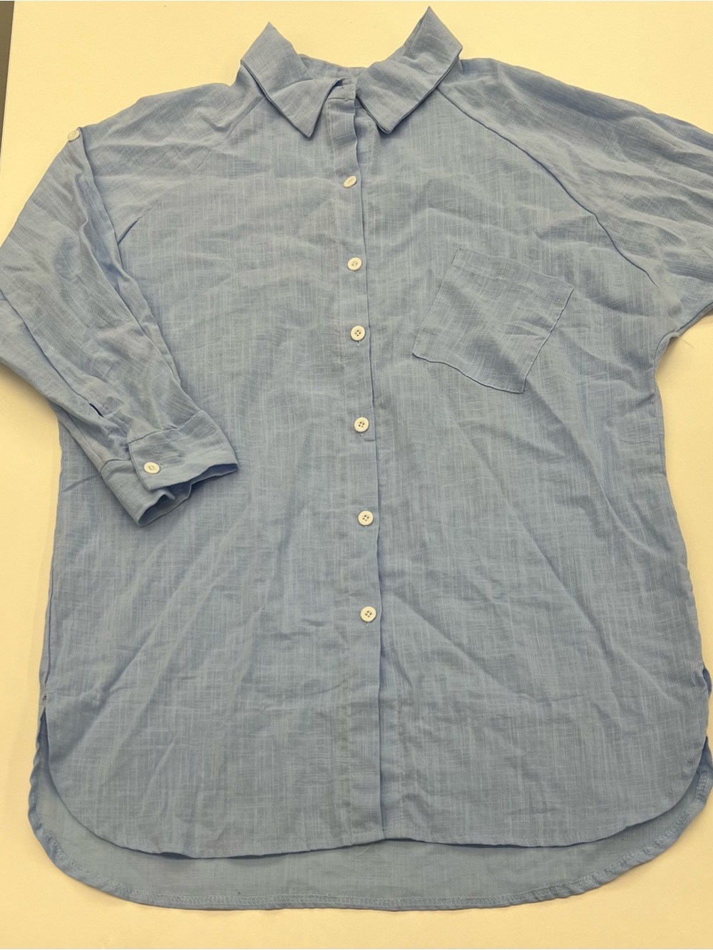 Blue Linen Drop Shoulder Tunic Button Down with Back Button Detail